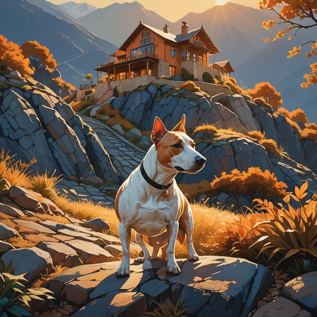 Sunlit Mountain Home with Bull Terrier, Fantasy Art