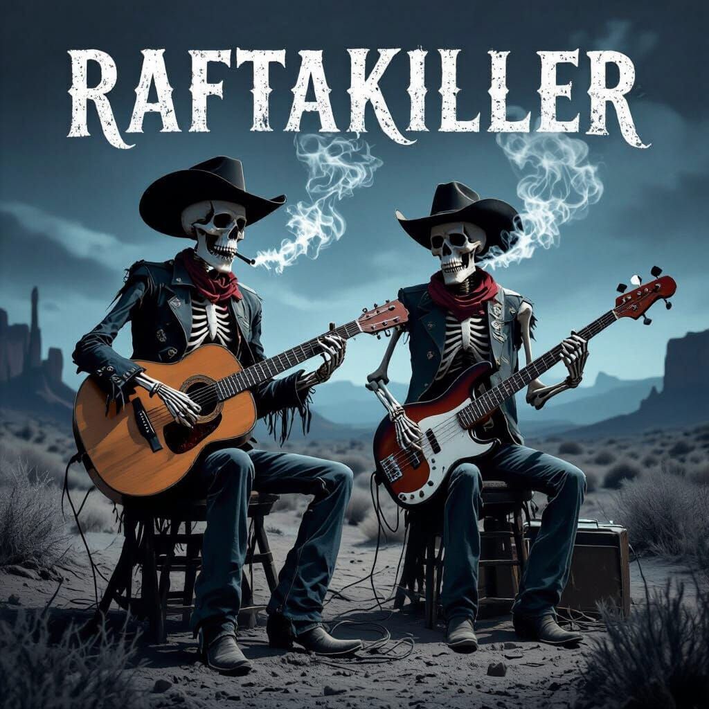 Cowboy Skeletons Play Music in Gothic Western Landscape