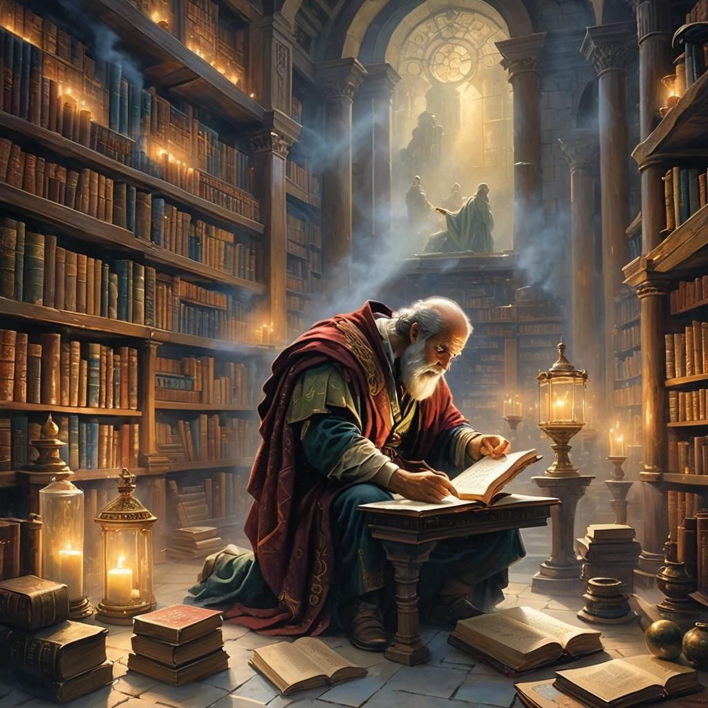 Plato Reading by Candlelight in Ancient Library