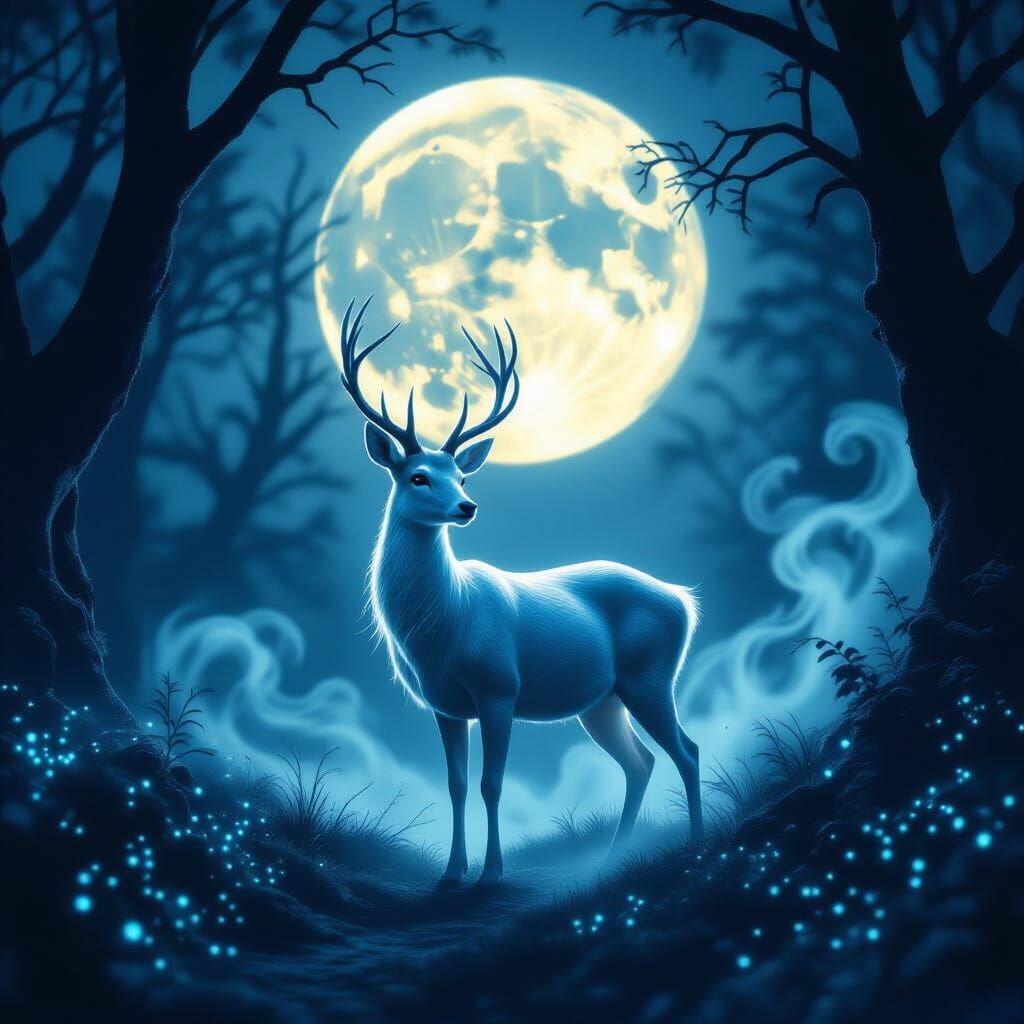 Ethereal Doe in Moonlit Forest Digital Matte Painting