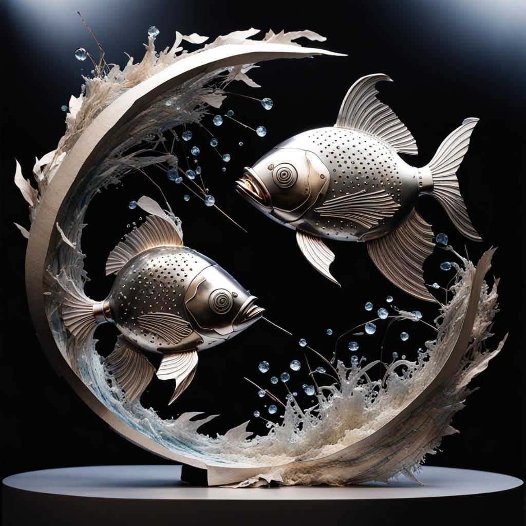 Shiny Steel Fish Yin Yang Sculpture in 3D
