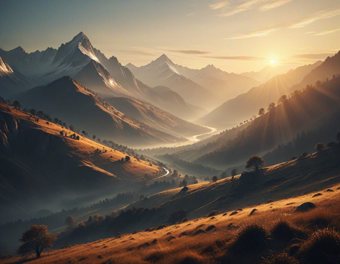 Golden Sunrise Over Misty Mountain Valleys