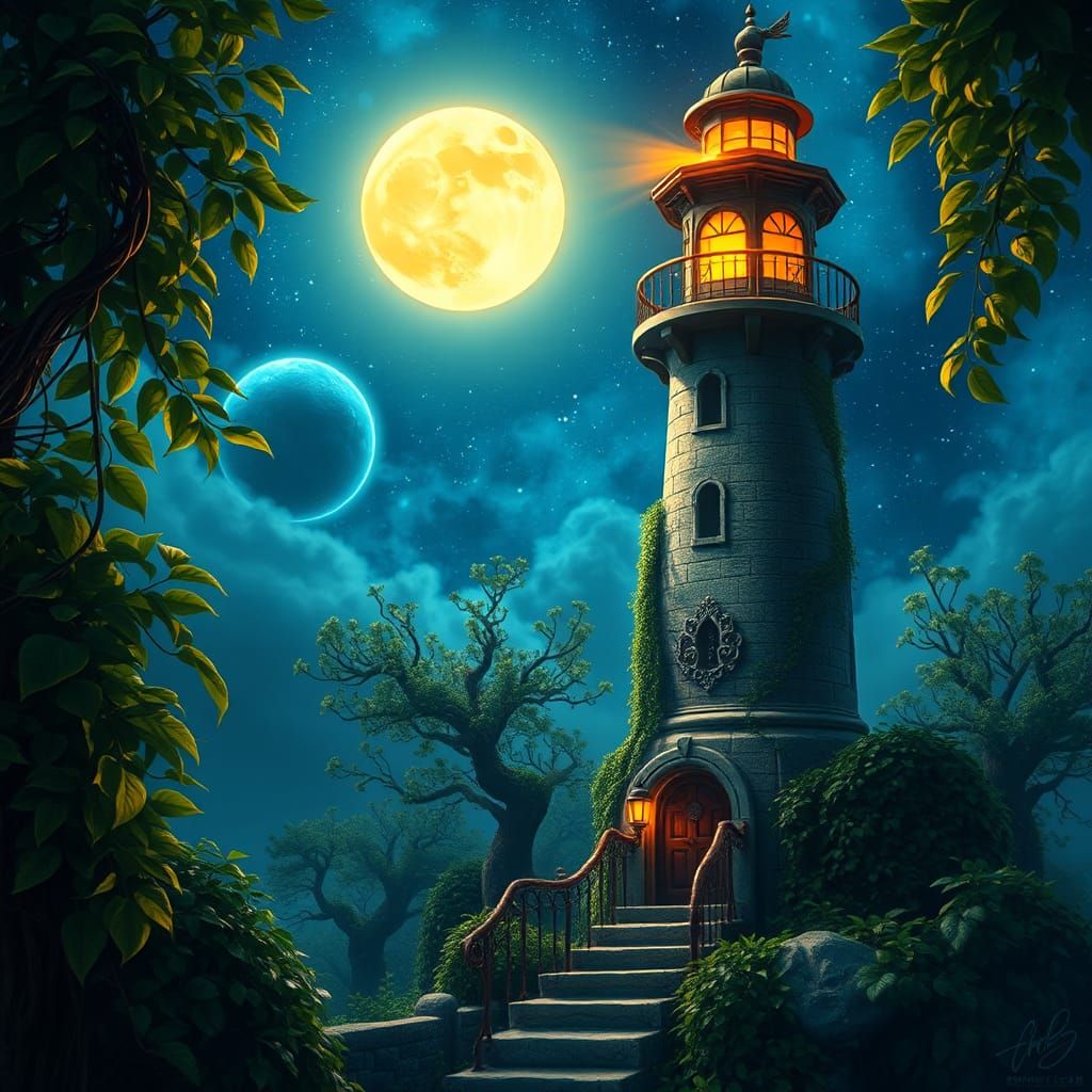Mystical Lighthouse Under Moonlight in Fantasy Style
