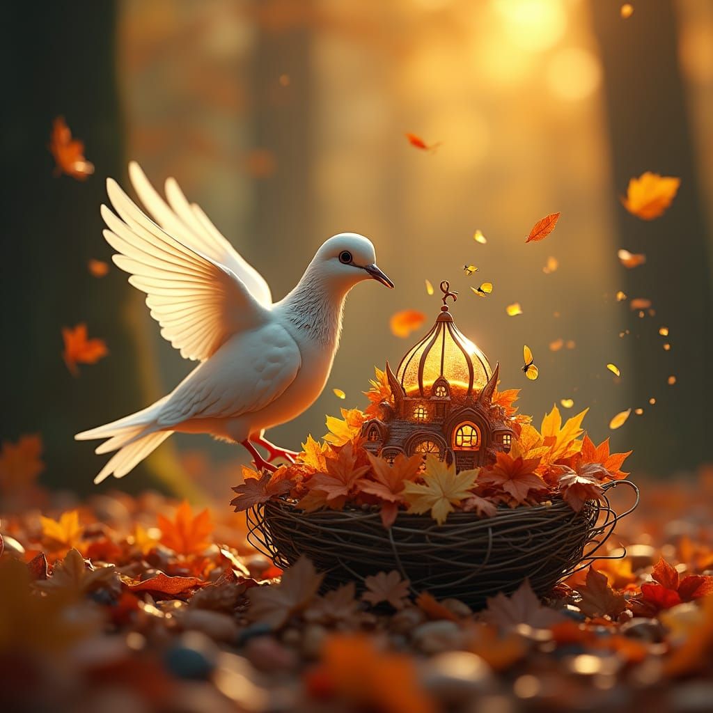 Dove Building Autumn Nest in Golden Light