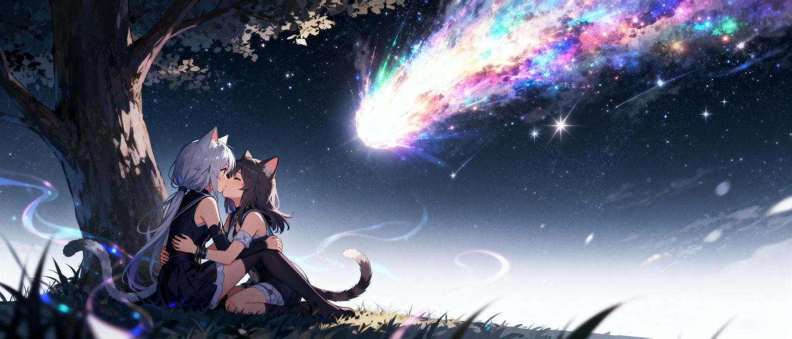 Catgirls Kiss Under Meteor Shower in High Fantasy Anime Styl...