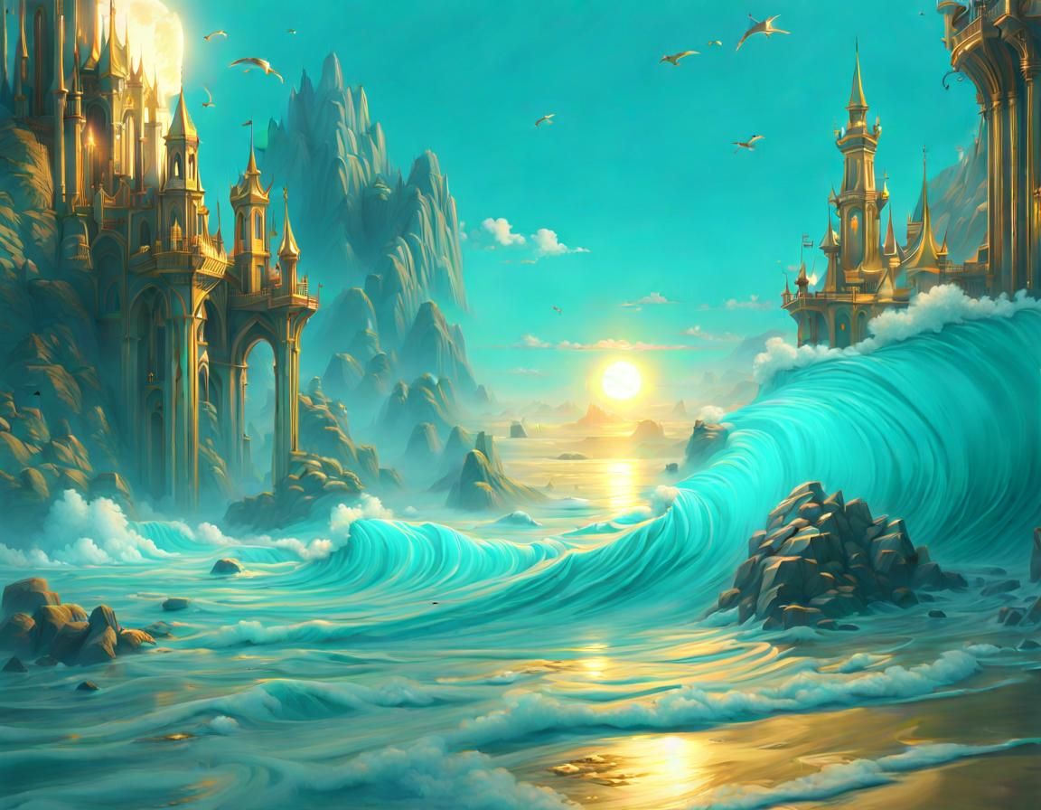 Turquoise and Gold Seascape Masterpiece in Soft Pastels