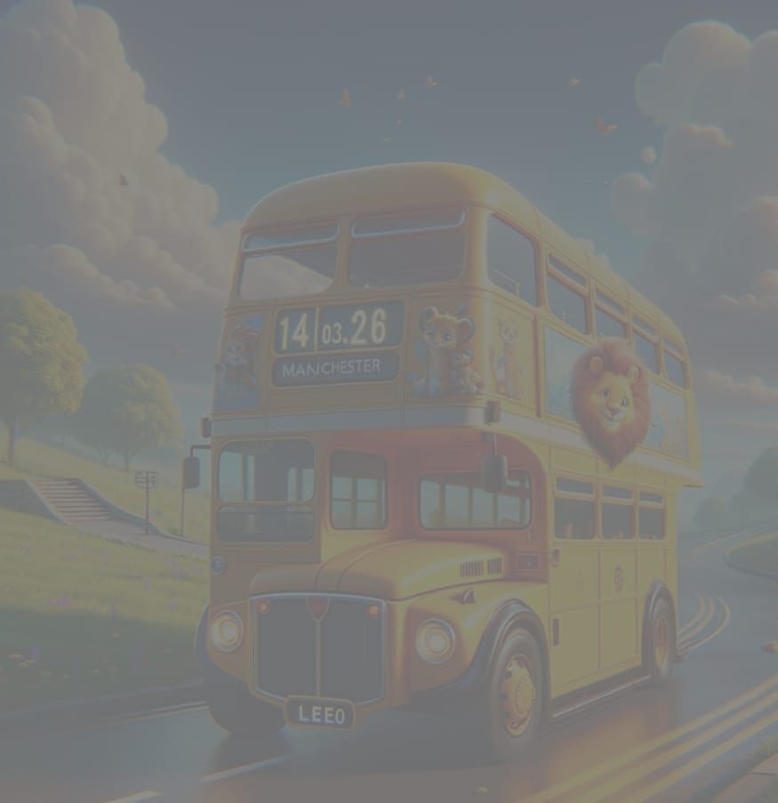 Cartoon Manchester Bus on Sunny Day