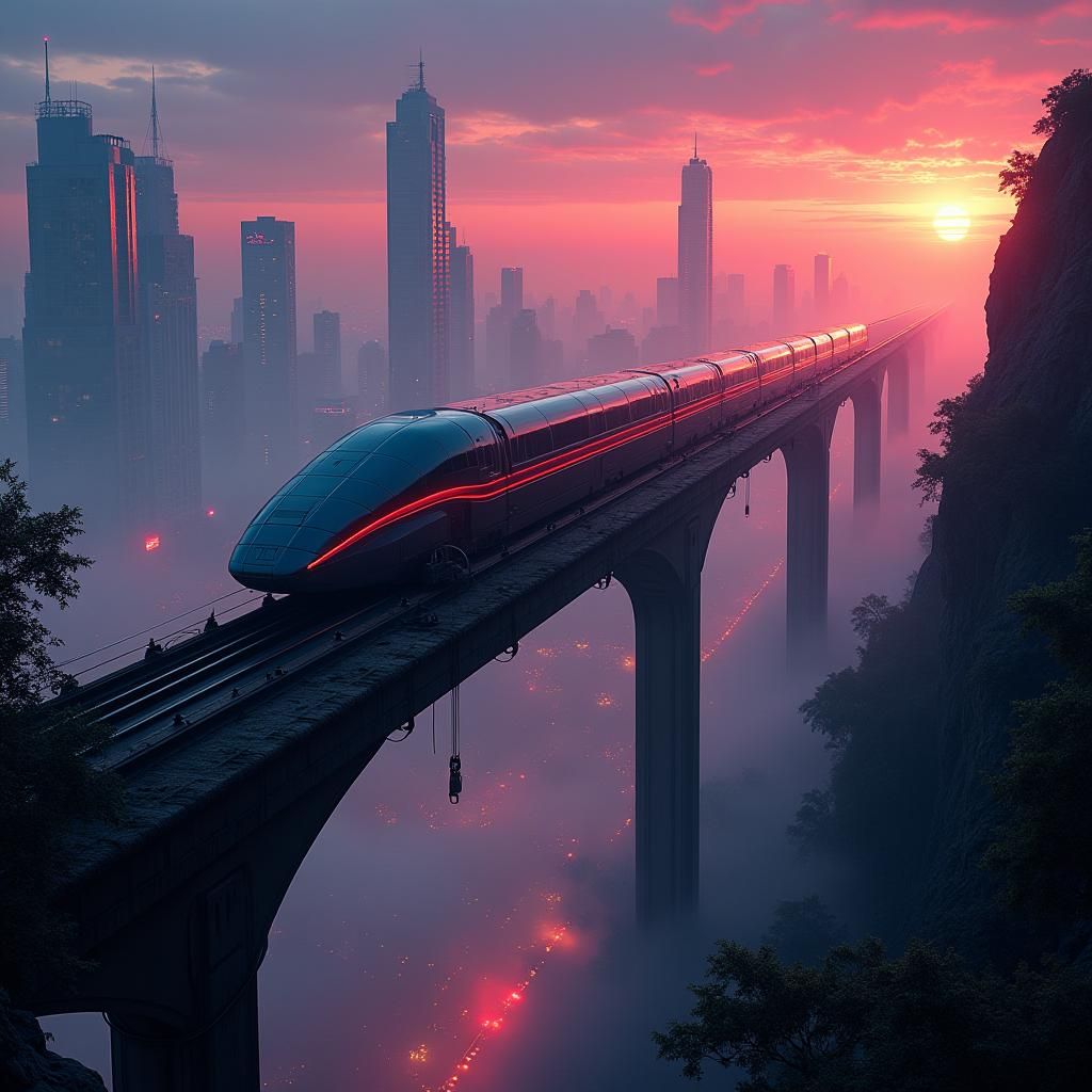 Futuristic Monorail Soaring Through Neon Metropolis