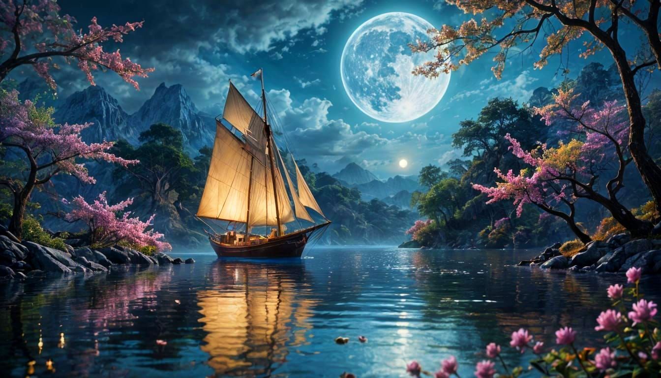 Moonlit Rose Sailboat on Spring Lake in Sfumato Style