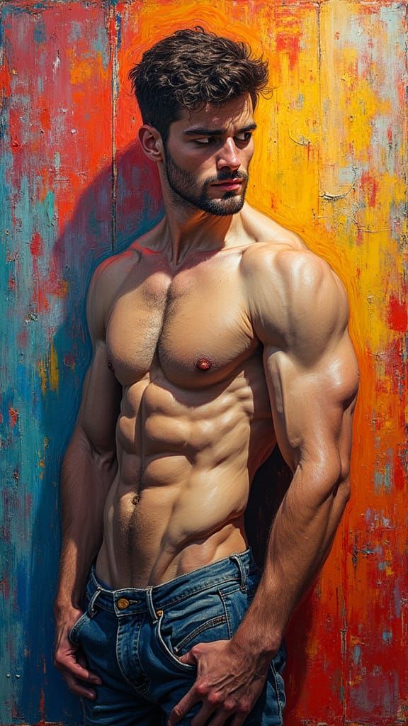 Vibrant Expressionist Portrait of a Muscular Male