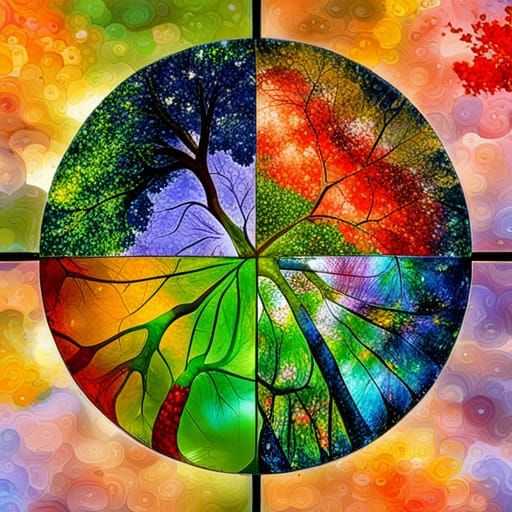 Four Seasons Blown Glass Sculpture in Garden