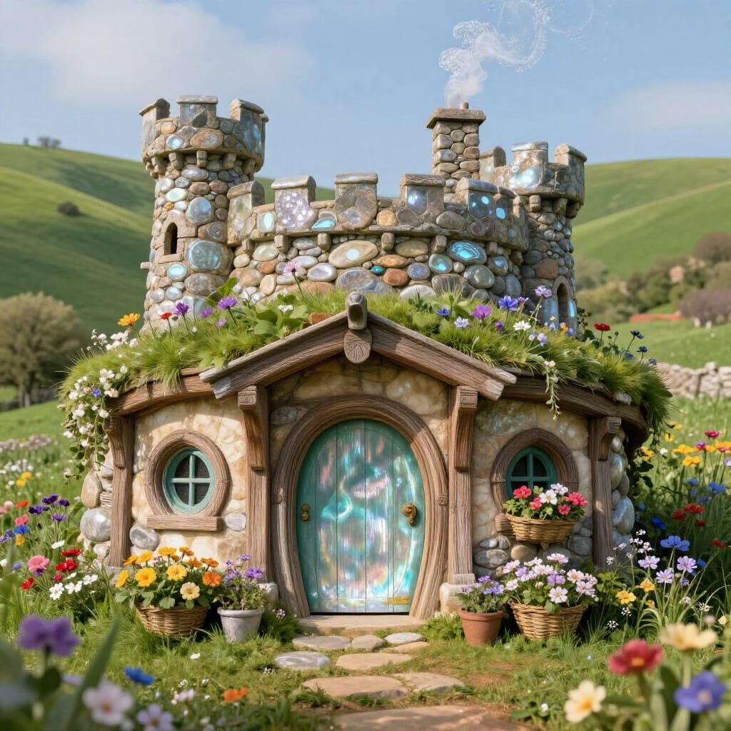Hobbit Home Castle with Pearlescent Stones and Spring Flower...