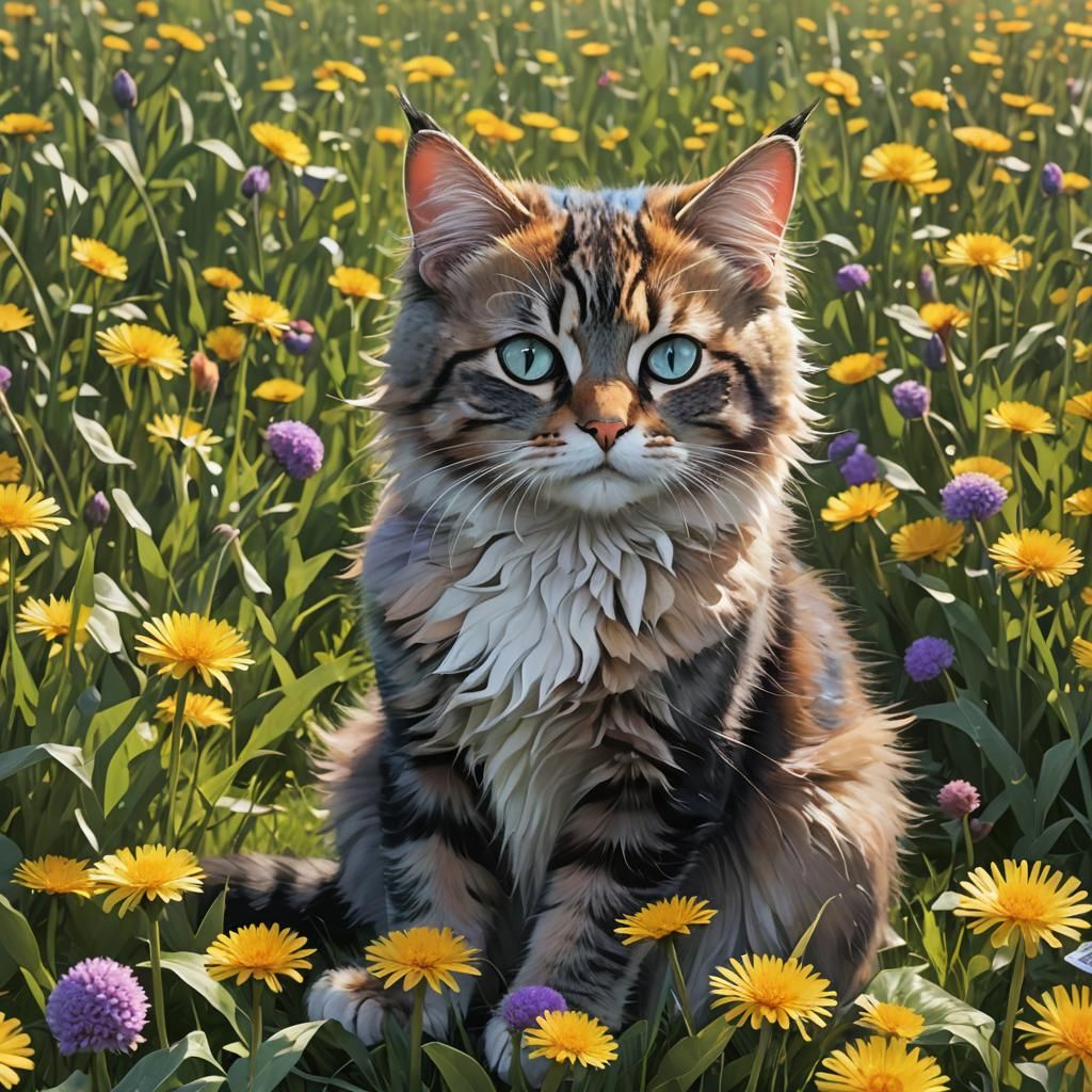 Rainbow Cat in Dandelion Field: 3D Anime Art