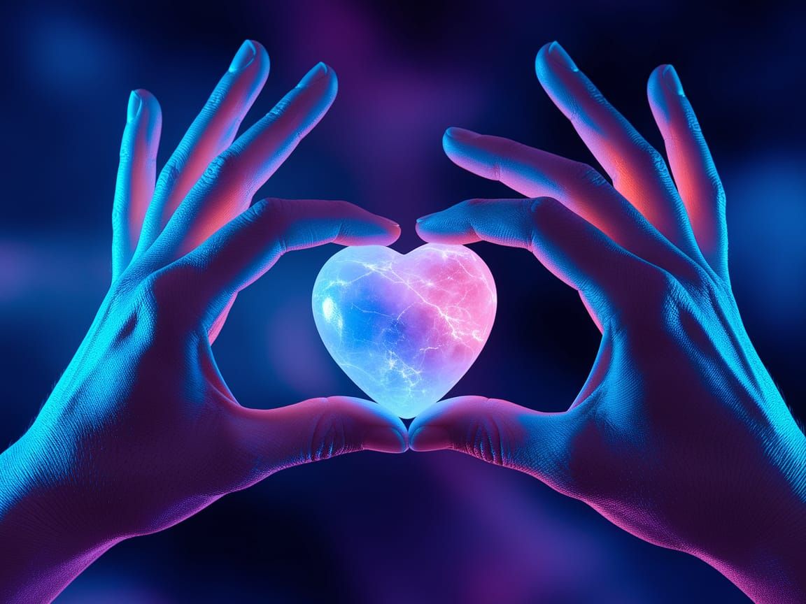 Glowing Hands Hold Cosmic Heart in Vibrant Neon