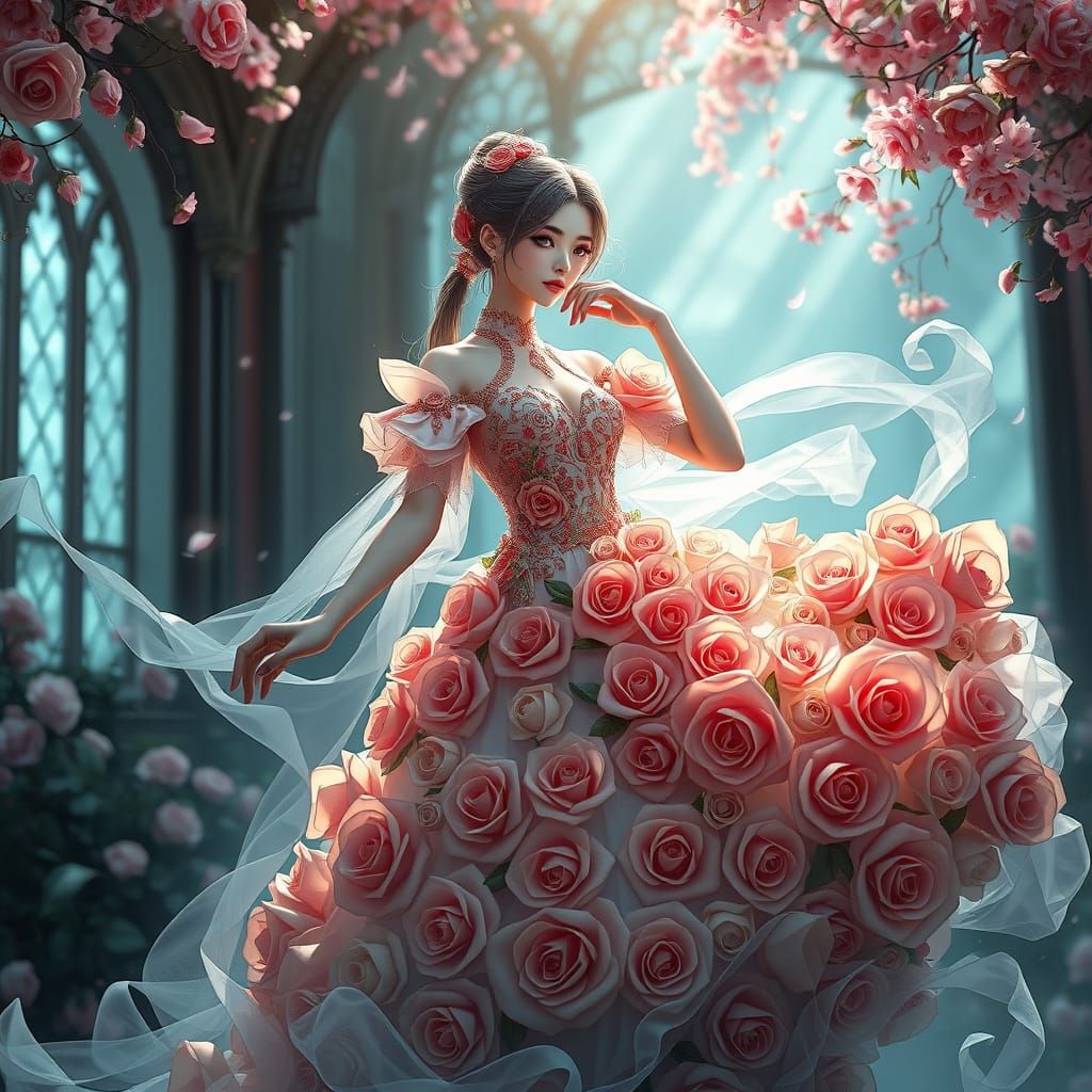 Ethereal Rose Goddess in Anime Art