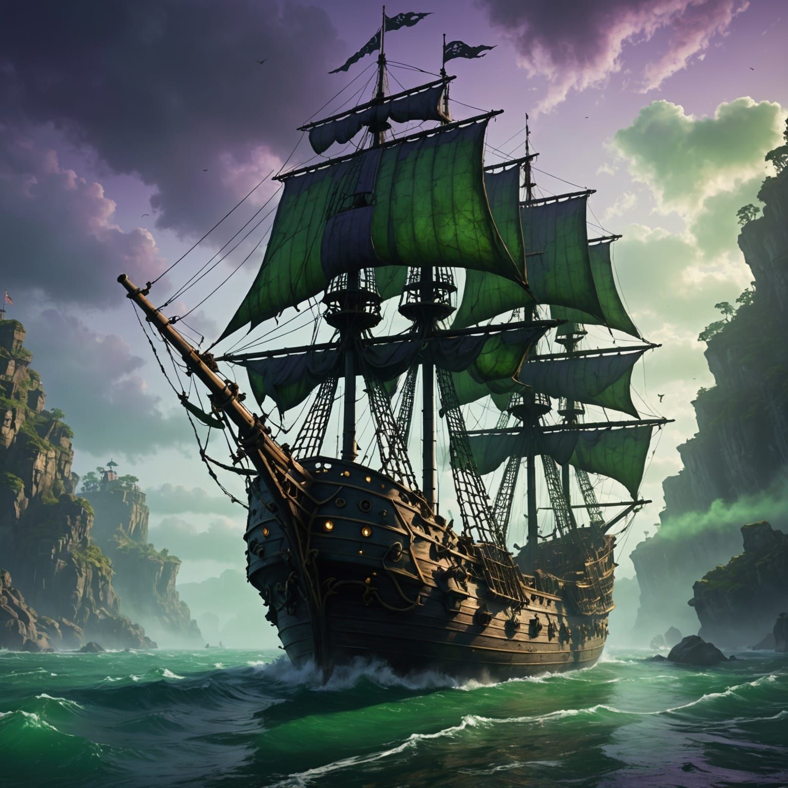 Dark Fantasy Pirate Ship Adrift in Mysterious Fog