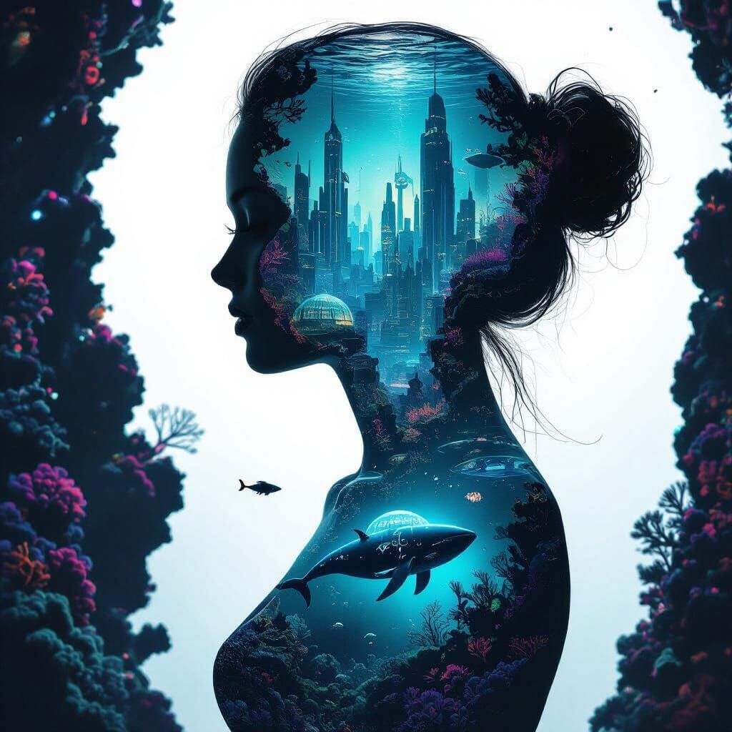 Female Silhouette Filled With Underwater Megacity Digital Ar...