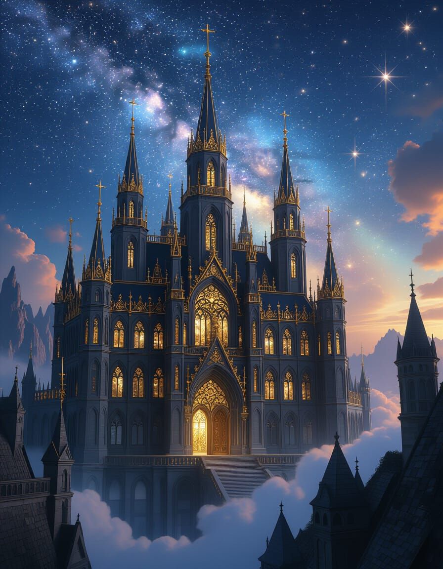 Gothic Dragon School Floating in Stars, Digital Matte Painti...