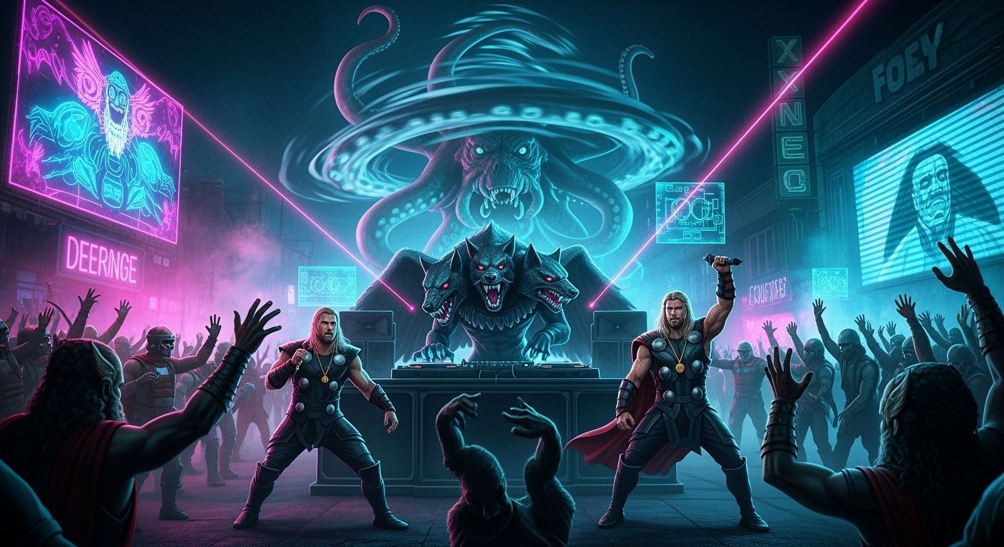 Futuristic Mythological Street Rave in Cyberpunk Cityscape