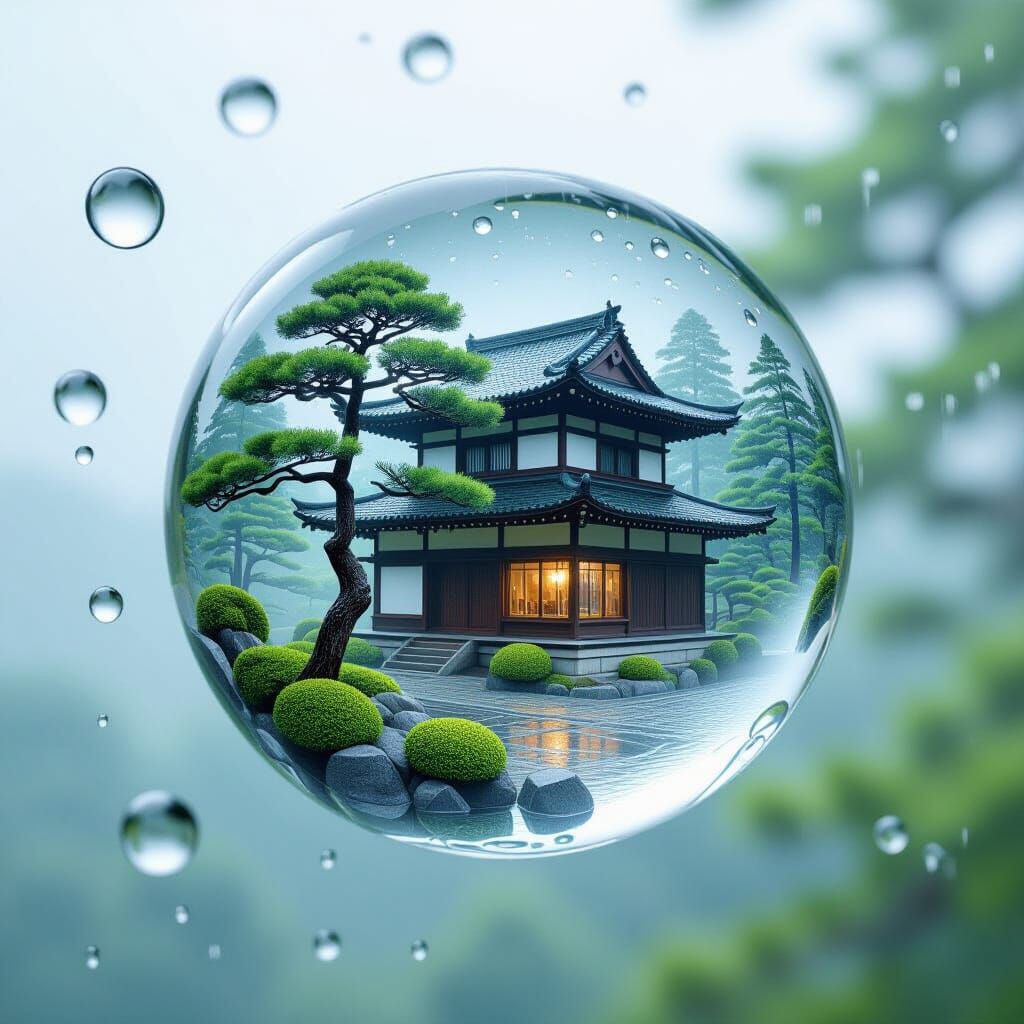 Japanese House and Trees Encased in Rain Drops