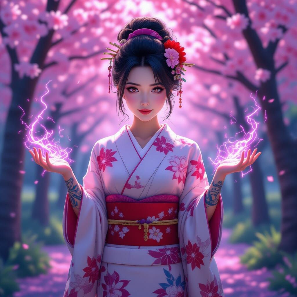 Waifu in Neon Grove with Arcane Energy