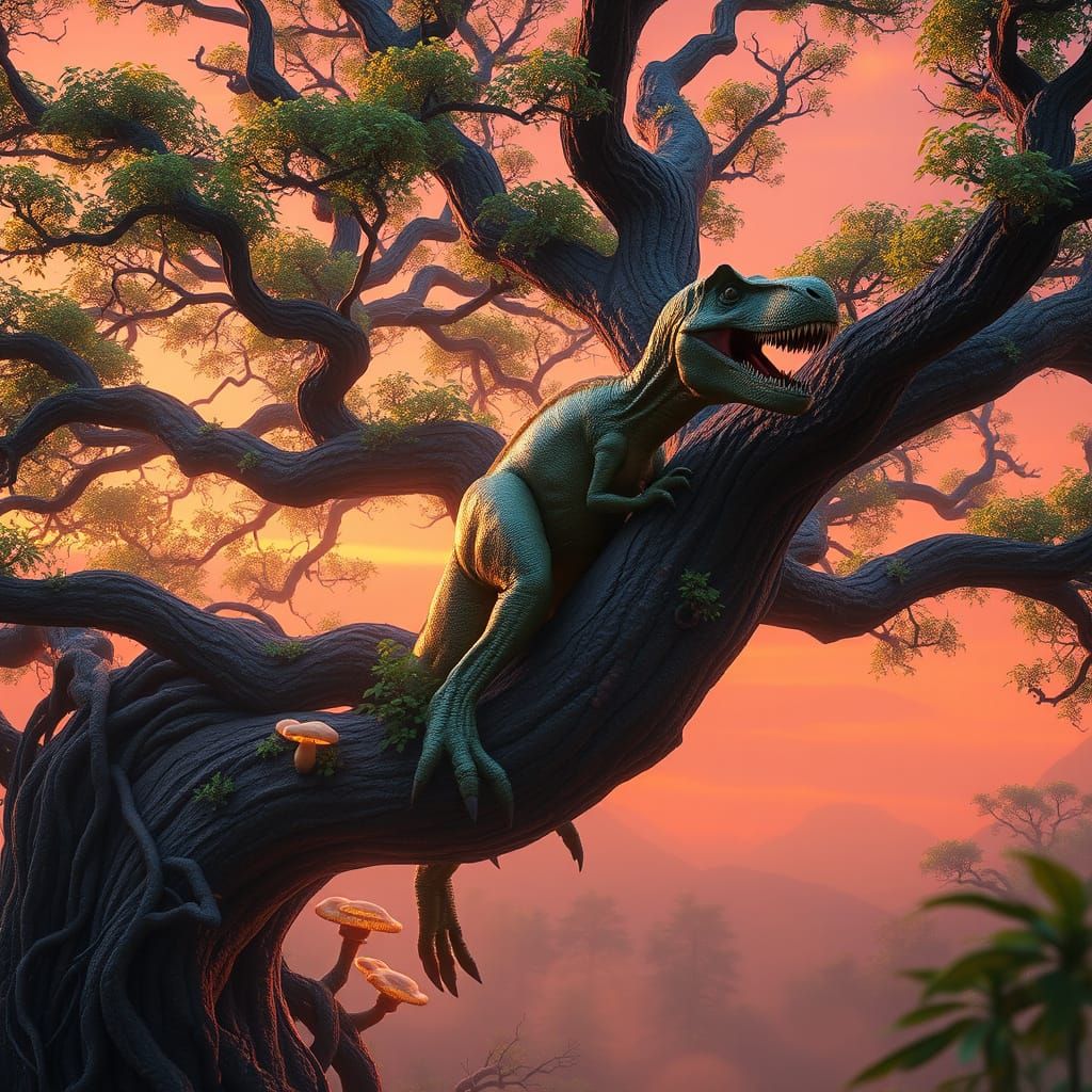 Fantasy Dinosaur in Ancient Tree: A Vibrant, Iridescent Scen...