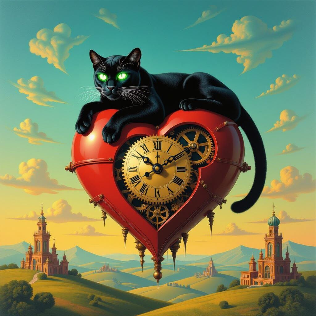 Panther on Clockwork Heart in Surrealist Style