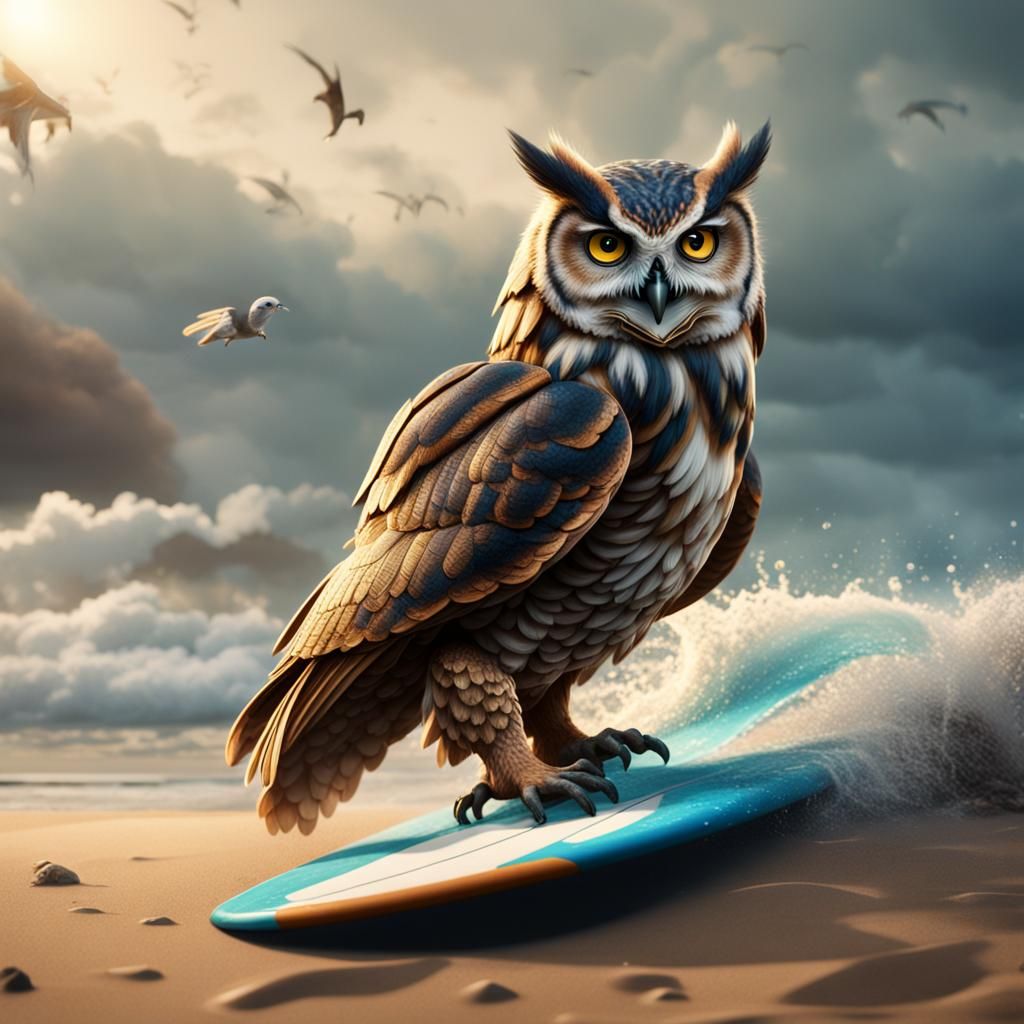 Owl Surfing on Beach: Detailed Matte Painting