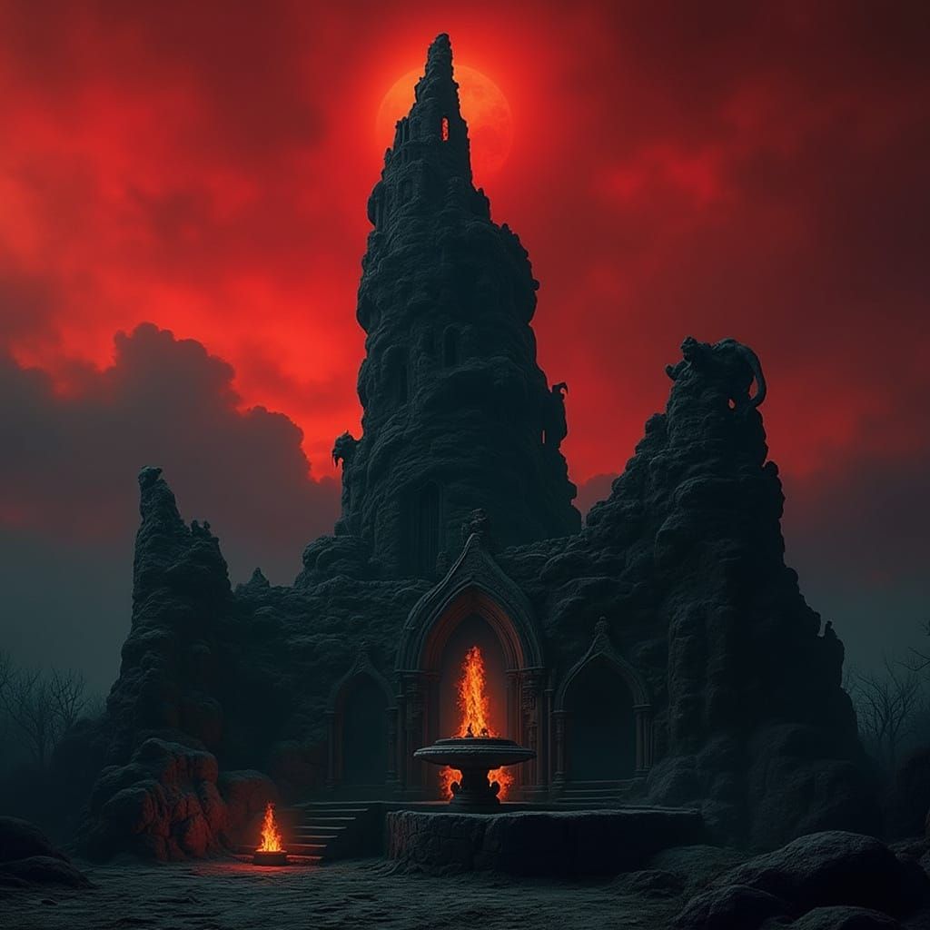 Gothic Tower of Twisted Stone in a Desolate Red Sky