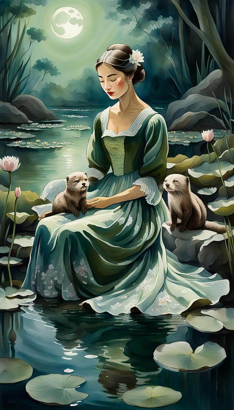 Moonlit Serenade: Lady and Otter in Watercolor Style