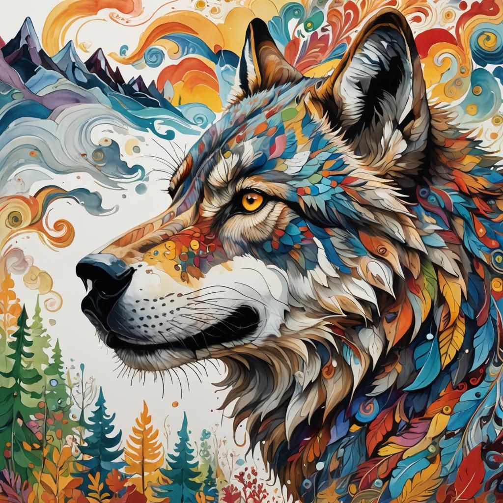 Wolf Portrait with Colorful Landscape in Folk Art Style