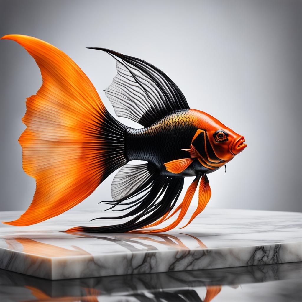Hyperrealistic Veiltail Fish Figurine on Marble Table