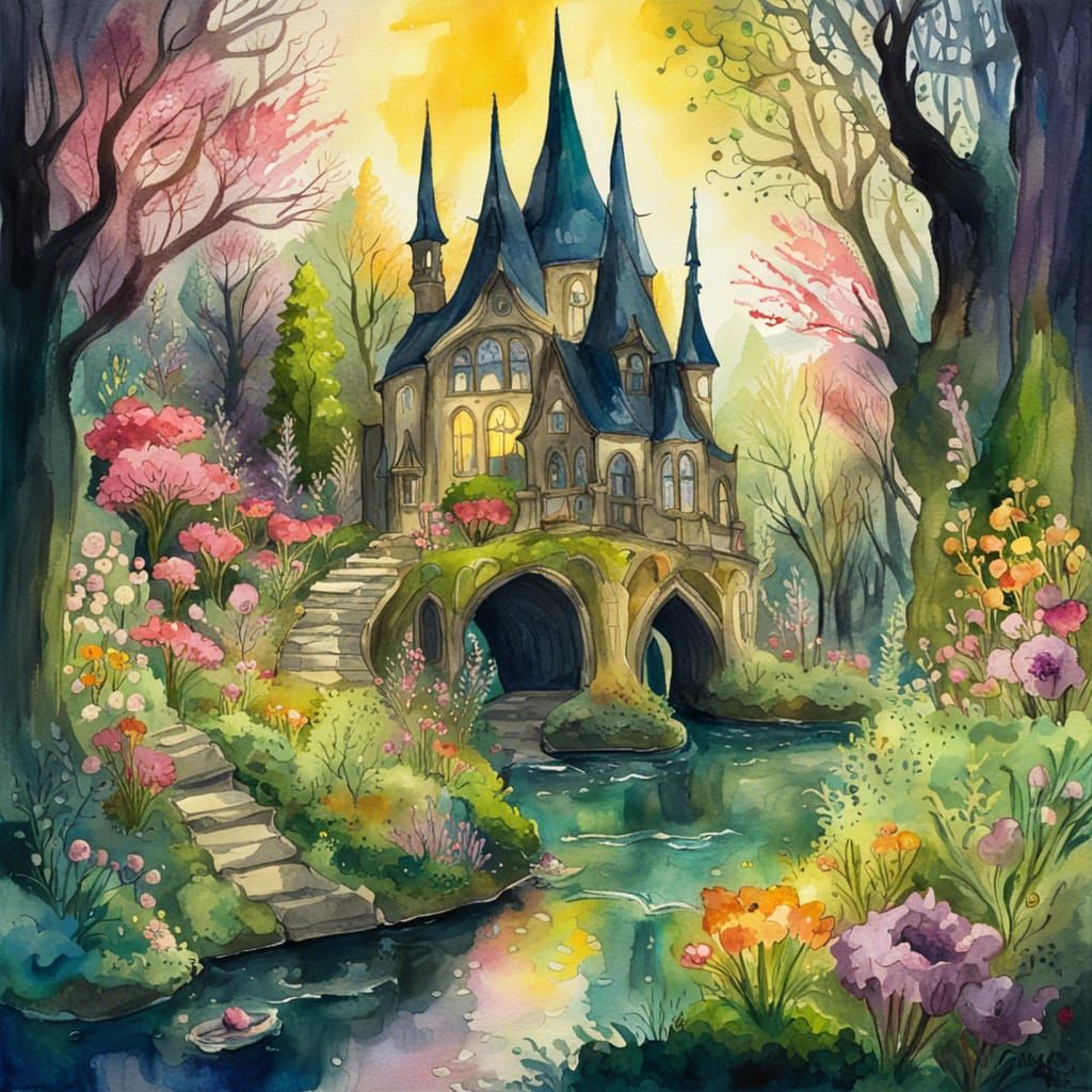 Enchanted Forest Village in Gothic Watercolor Style