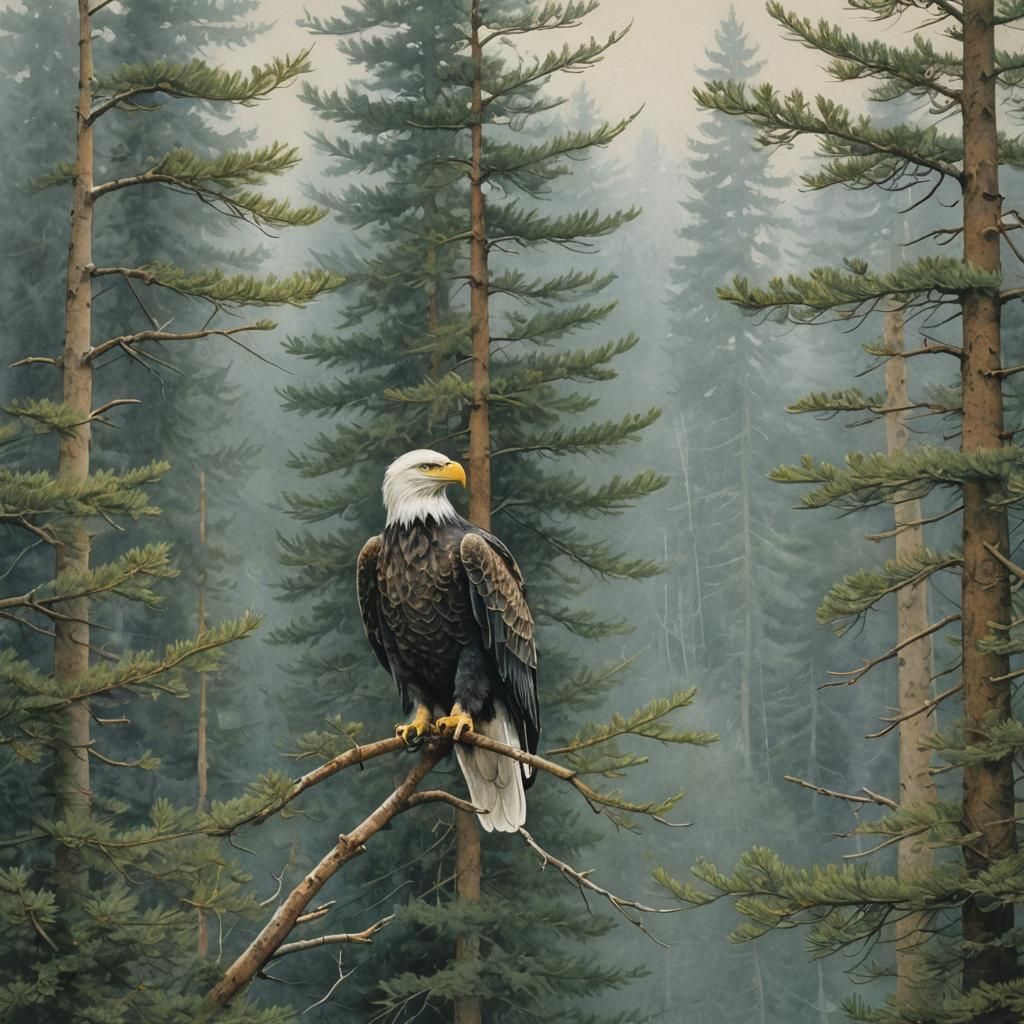 Bald Eagle in Spruce Tree: Watercolour Painting