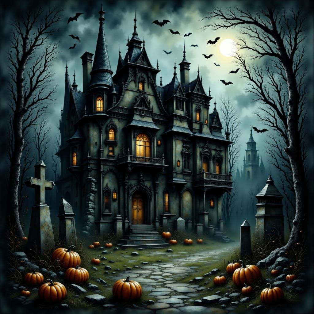 Gothic Mansion at Night: Spooky Graveyard Scene