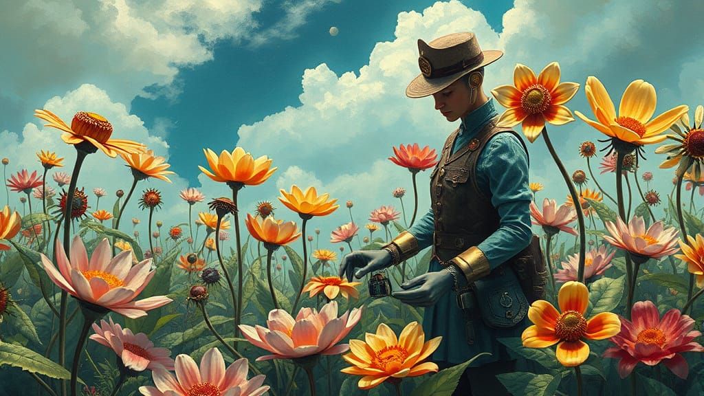Steampunk Gardener in a Surreal Mechanical Garden