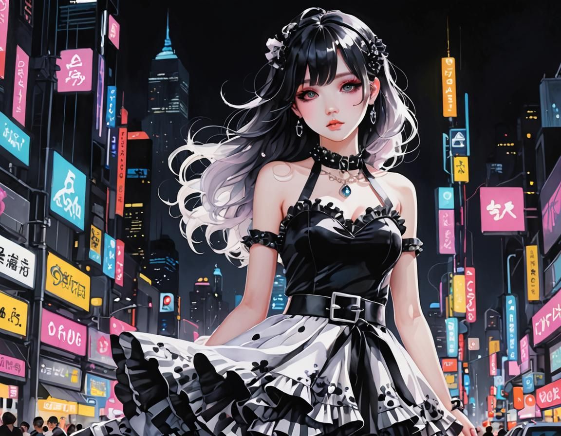 Pastel Goth Dress in Neon Lights, Anime Art