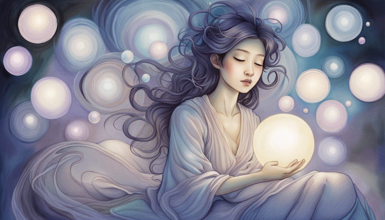 Korean Woman Surrounded by Orbs in Rackham Style