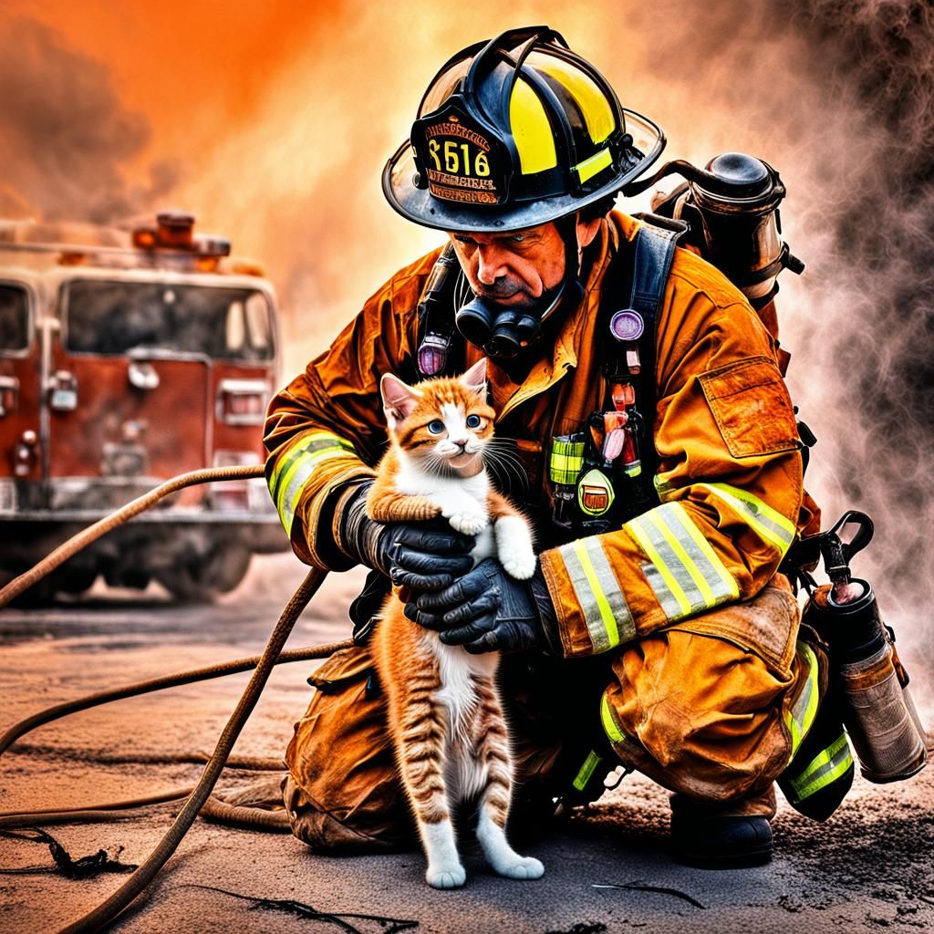 Firefighter Saving Kitten in Orange Hues
