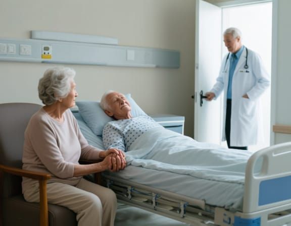 Faithful Wife Comforts Husband in Hospital Bed