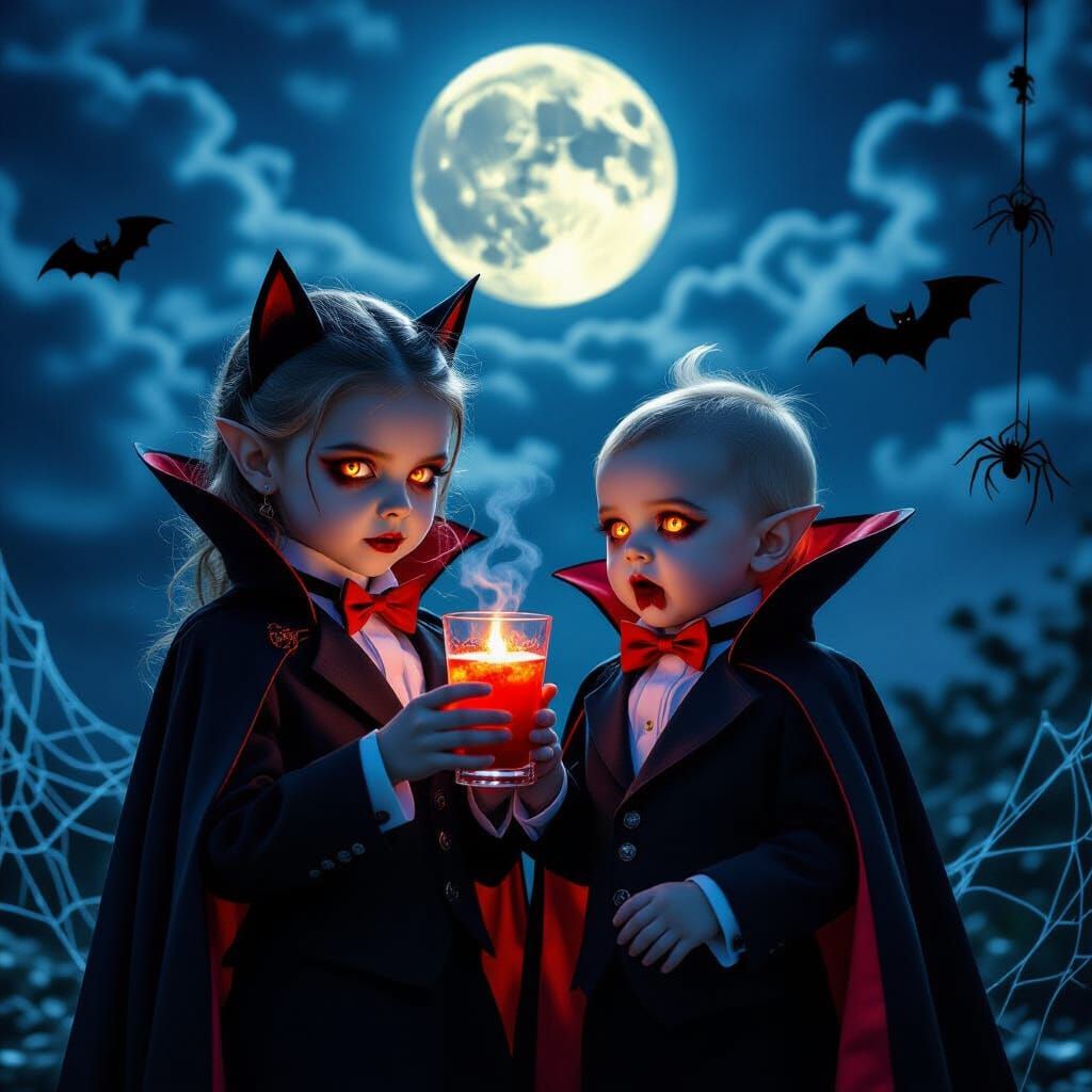 Vampire Family Halloween Scene with Glowing Eyes