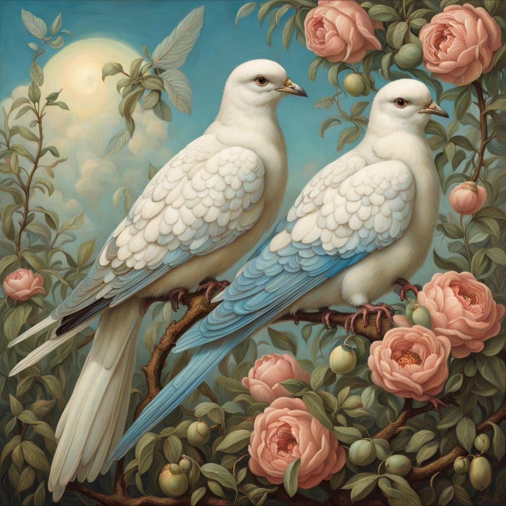 Majestic Doves Unite with Olive Branch in Elegant Realism