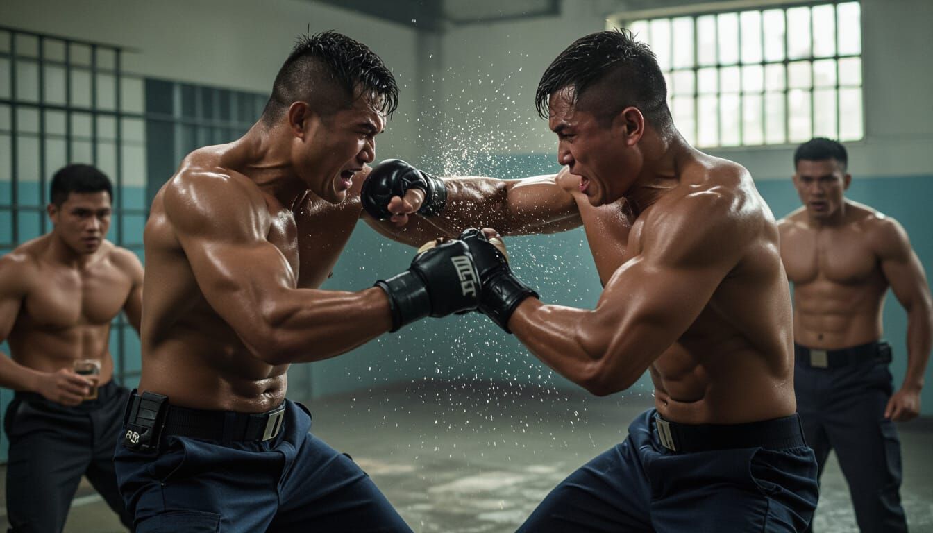 Intense Fistfight Between Muscular Men in Prison