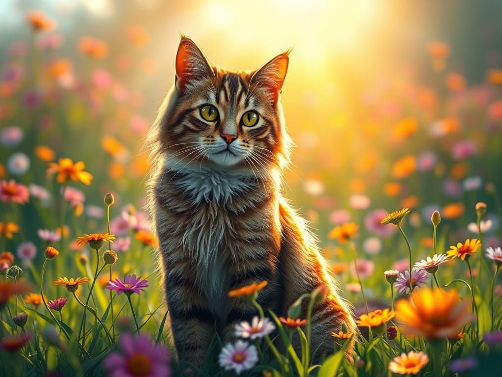 Regal Cat in Vibrant Meadow, in Hyperrealistic Splash Art St...