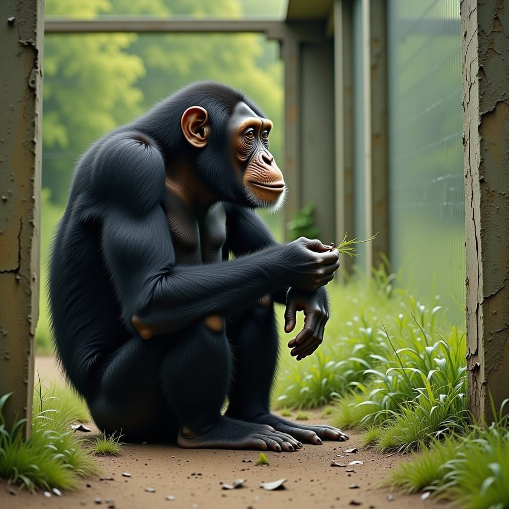 Photorealistic Chimpanzee Chewing Grass in Zoo Enclosure