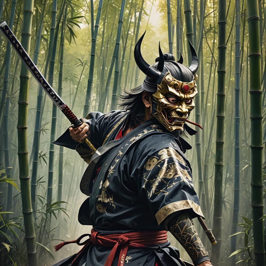 Samurai with Hannya Mask in Bamboo Forest