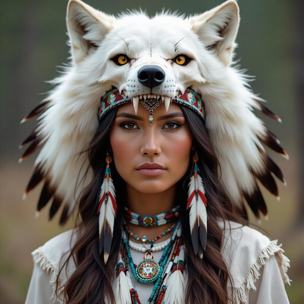 Indigenous Warrior Woman with Wolf Skull Headdress