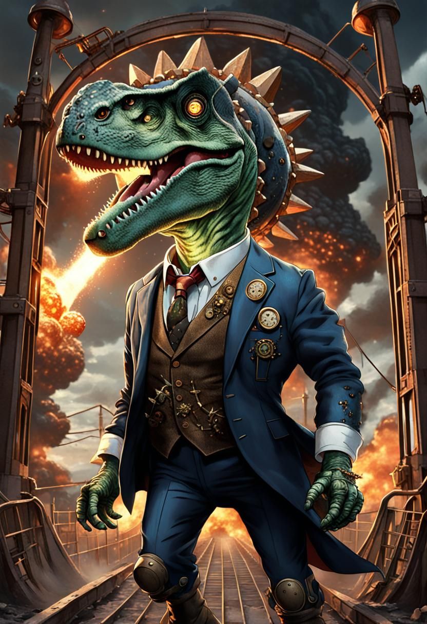 Dinosaur Witnessing Nuclear Explosion Through Steampunk Gate
