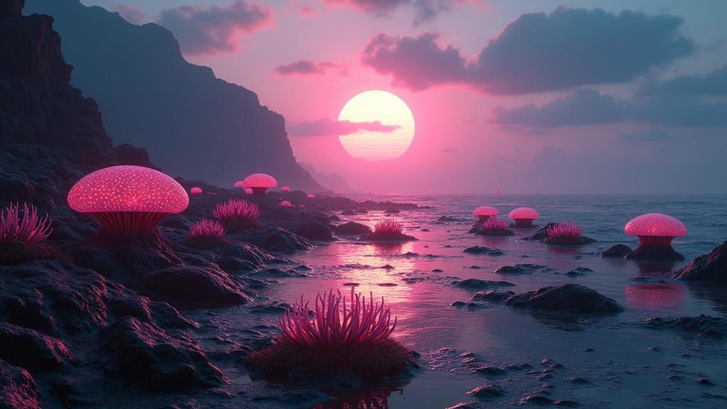 Bioluminescent Alien Fungi Beach in Ultra HD Realism
