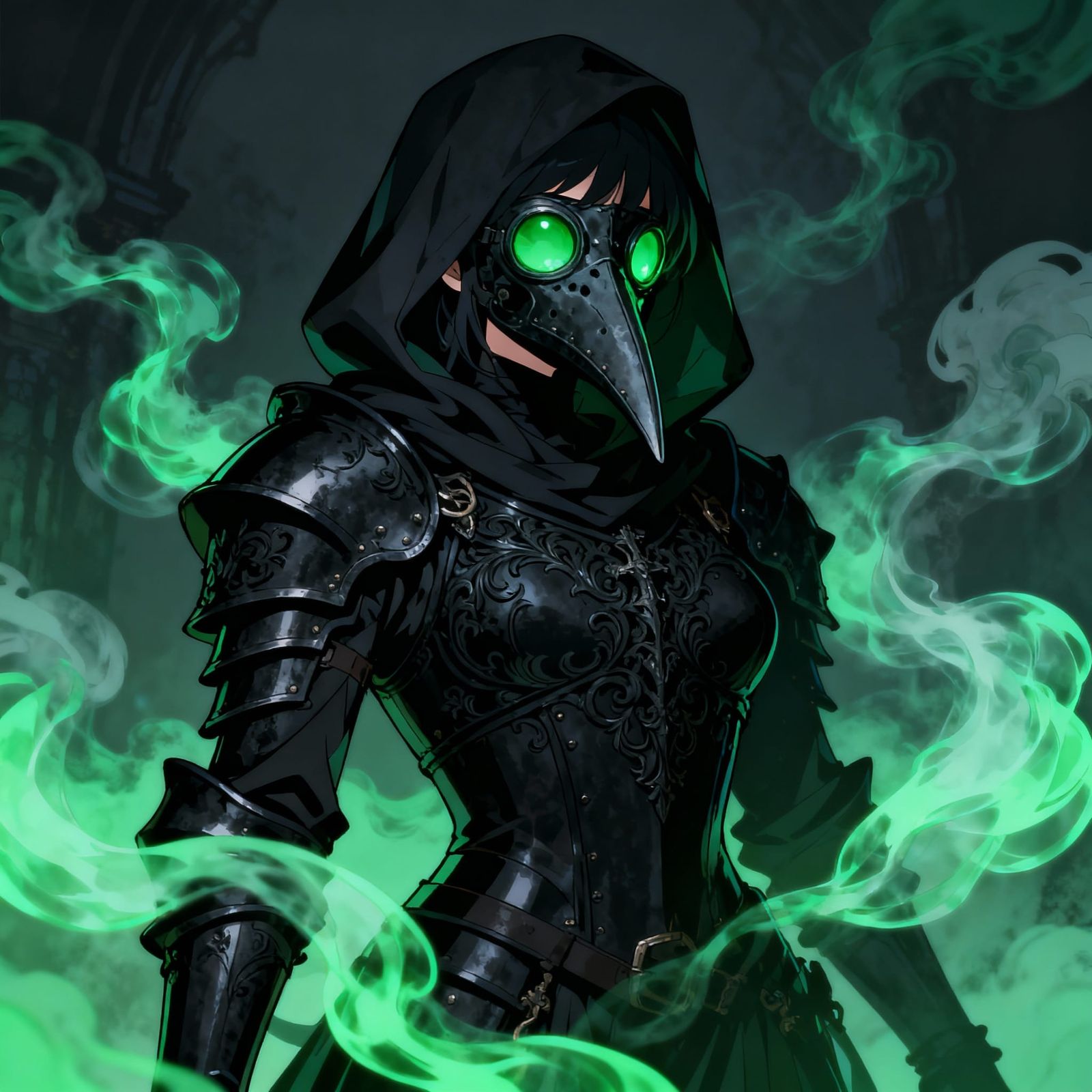 Anime Woman in Gothic Armor with Plague Mask